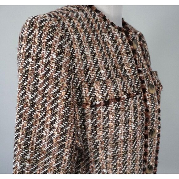 Ann Taylor Brown Fringe Knit Gold Metallic Button Up Textured Blazer Jacket 12 - Picture 5 of 9